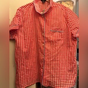 NWT J.Crew Top Red & White Gingham Cotton Voile sz 2x short Sleeve, blue piping